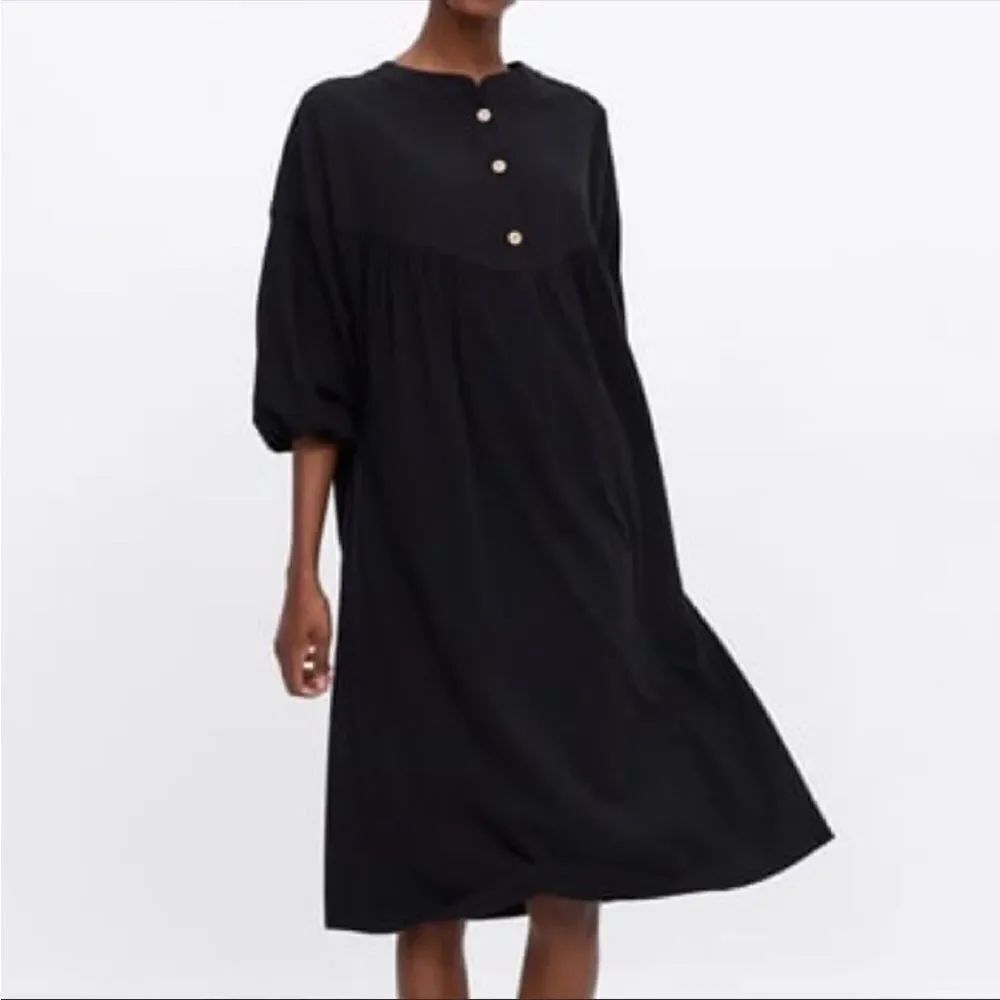ZARA | Oversized Button Accent Boho Shirt Dress Black Midi Women’s Size XS